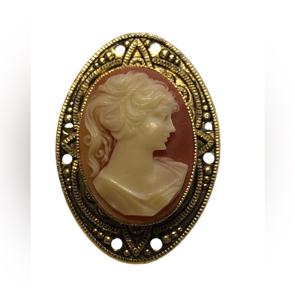 Vintage Victorian Style Gold Tone and Resin Cameo Brooch.